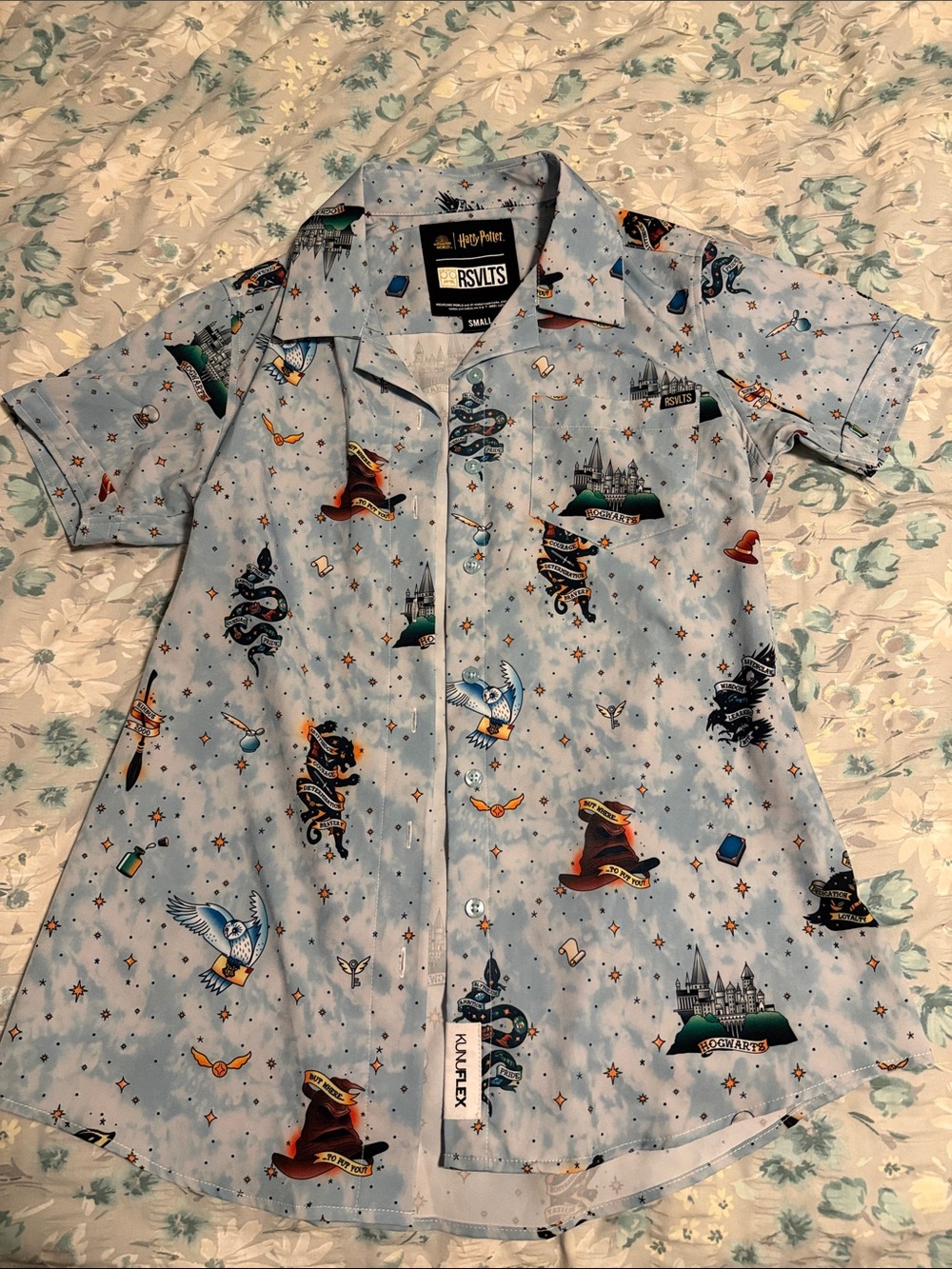RSVLTS Light Blue Harry Potter Wizard Patterned Button-Up Top